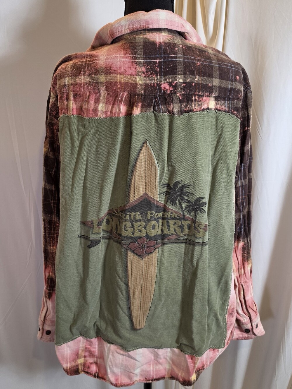 St. John’s Bay Flannel Shirt Mens M Bleach Dyed Surf Longboards Graphic Upcycled